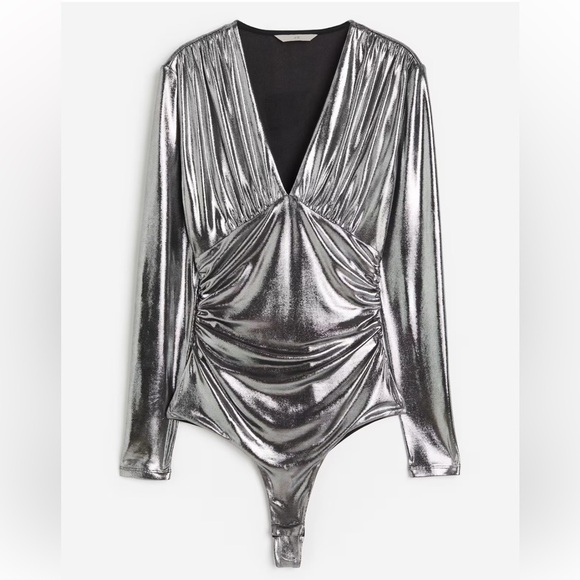H&M Tops - H&M Draped V-Neck Thong Metallic Silver Long Sleeve Bodysuit Large NWT